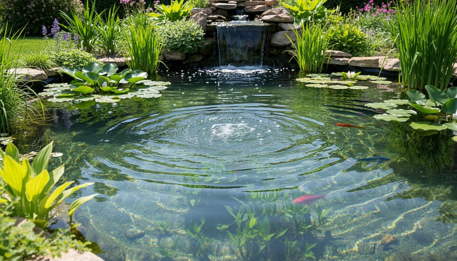 Clear pond water with ripples and reflected light around aquatic plants suggesting proper circulation.