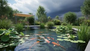 Backyard pond with koi fish, native water lilies, reeds, and a shade structure over the water, photographed in natural light with stormy clouds in the distance.