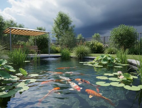 Backyard pond with koi fish, native water lilies, reeds, and a shade structure over the water, photographed in natural light with stormy clouds in the distance.