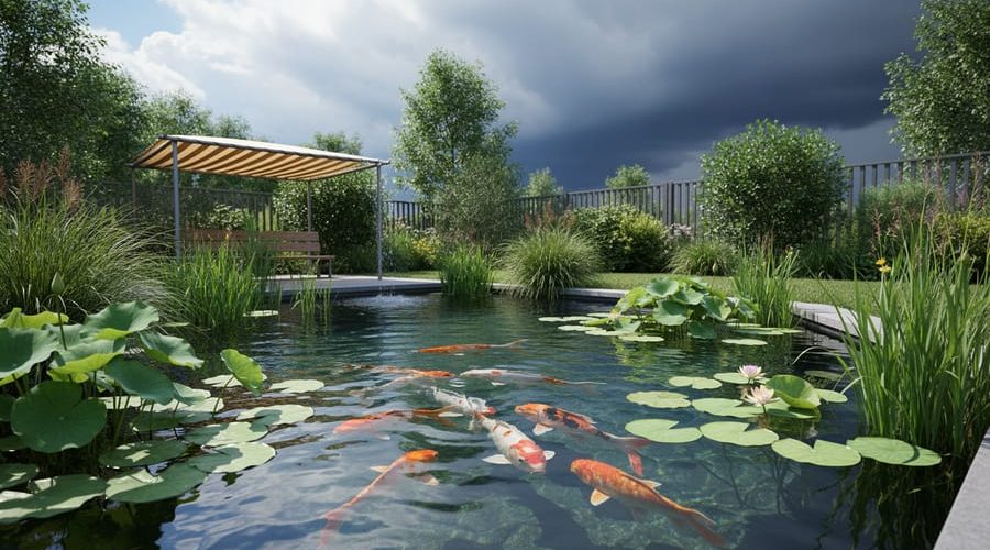 Backyard pond with koi fish, native water lilies, reeds, and a shade structure over the water, photographed in natural light with stormy clouds in the distance.