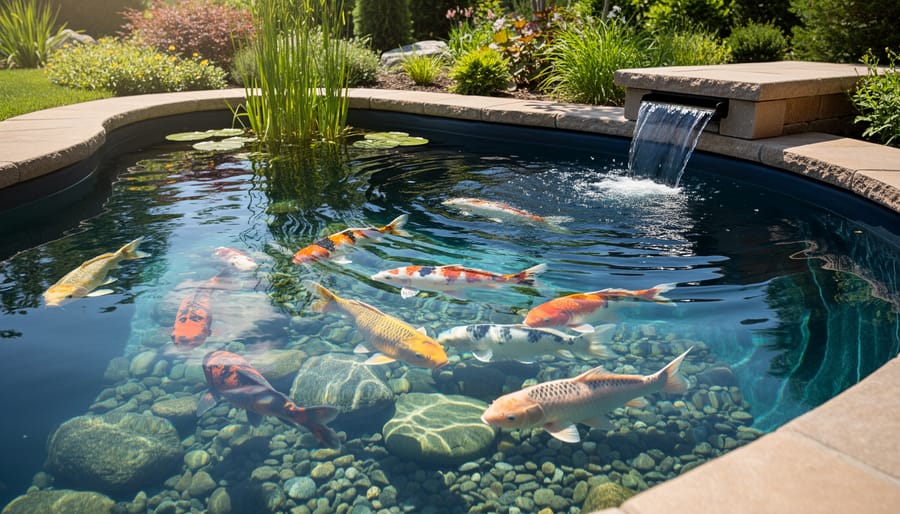 Wide view of a pond with clean returning water and visible filtration hardware in the background