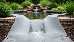 “A naturalistic pond spillway made of gray concrete with a sloped channel, stacked stone edging, and surrounding garden plants in a backyard landscape.”