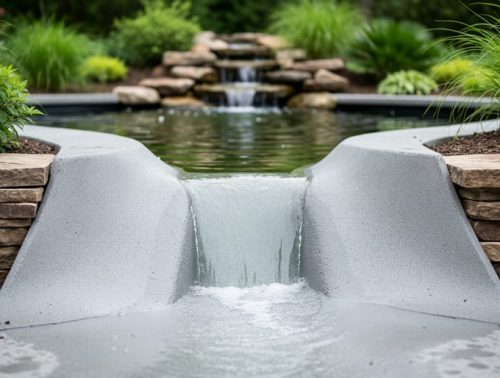 “A naturalistic pond spillway made of gray concrete with a sloped channel, stacked stone edging, and surrounding garden plants in a backyard landscape.”