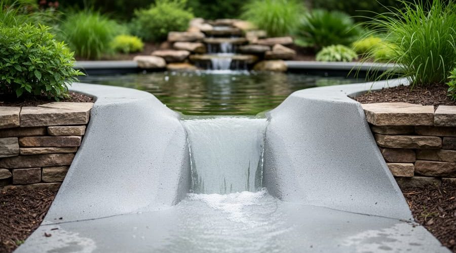 “A naturalistic pond spillway made of gray concrete with a sloped channel, stacked stone edging, and surrounding garden plants in a backyard landscape.”