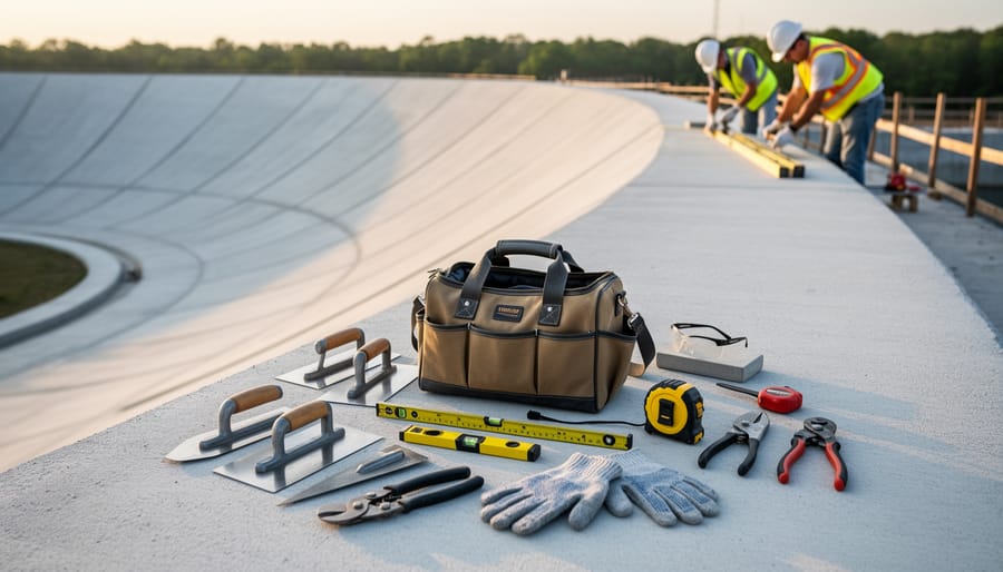 Assortment of concrete spillway tools and materials including trowels, level, gloves, rebar mesh, and sealant.
