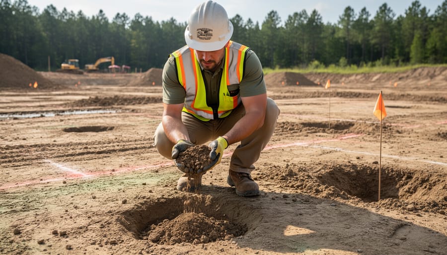 Person kneeling beside an excavated pond basin, holding a soil core sample for on-site assessment.
