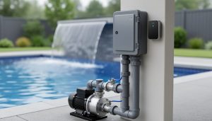 Weatherproof smart relay enclosure and smart control device mounted near pool pump equipment next to a running water fountain, with the pool water softly reflecting light in the background.