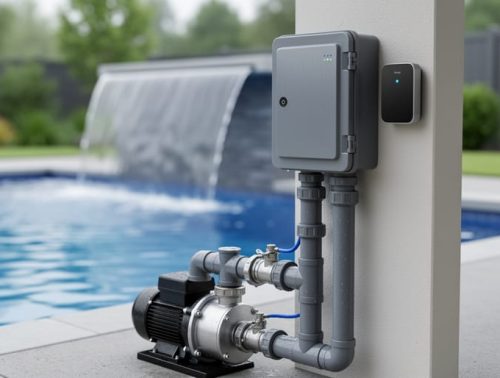 Weatherproof smart relay enclosure and smart control device mounted near pool pump equipment next to a running water fountain, with the pool water softly reflecting light in the background.