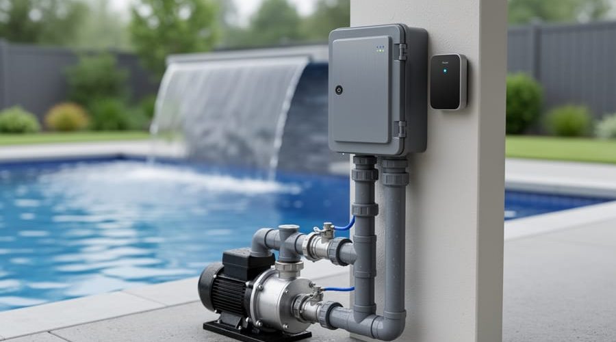Weatherproof smart relay enclosure and smart control device mounted near pool pump equipment next to a running water fountain, with the pool water softly reflecting light in the background.