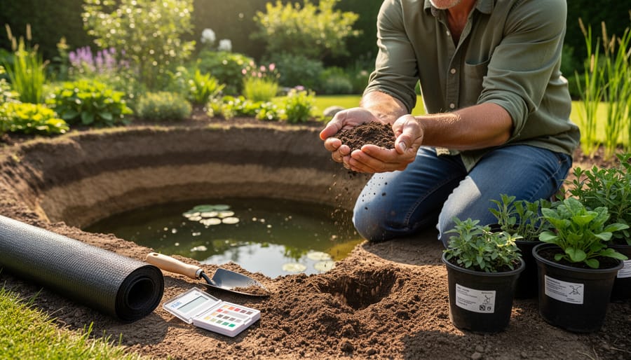Close-up of hands holding a soil sample for pond site testing on a work surface.