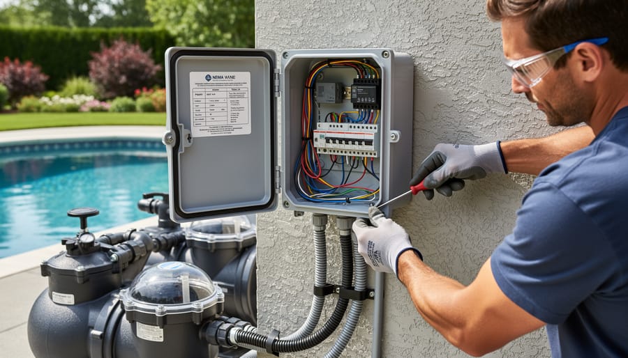 Close-up of a person installing a weatherproof pool automation controller near a pool equipment area.