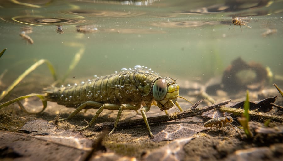 Close-up macro view of a dragonfly larva attached to submerged aquatic plant in a pond