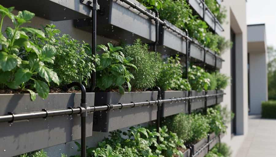 Hands connecting drip irrigation to a residential green wall module