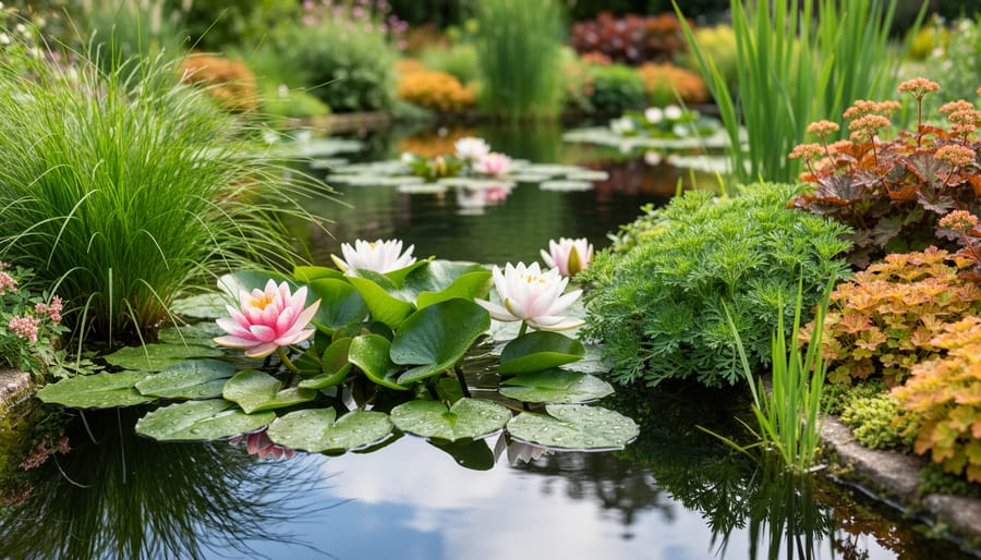 Close-up of submerged and emergent aquatic plants with red and green leaves in a flora pond