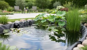 “Backyard flora pond with water lilies, lotus leaves, marginal rushes, and gentle ripples from a small pump in soft daylight.”