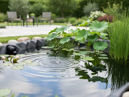 “Backyard flora pond with water lilies, lotus leaves, marginal rushes, and gentle ripples from a small pump in soft daylight.”