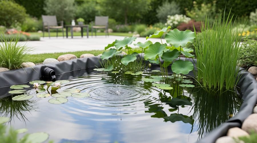“Backyard flora pond with water lilies, lotus leaves, marginal rushes, and gentle ripples from a small pump in soft daylight.”