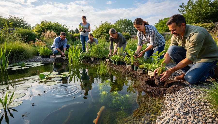 Gardener’s hands planting aquatic plants in a water garden pond near the edge