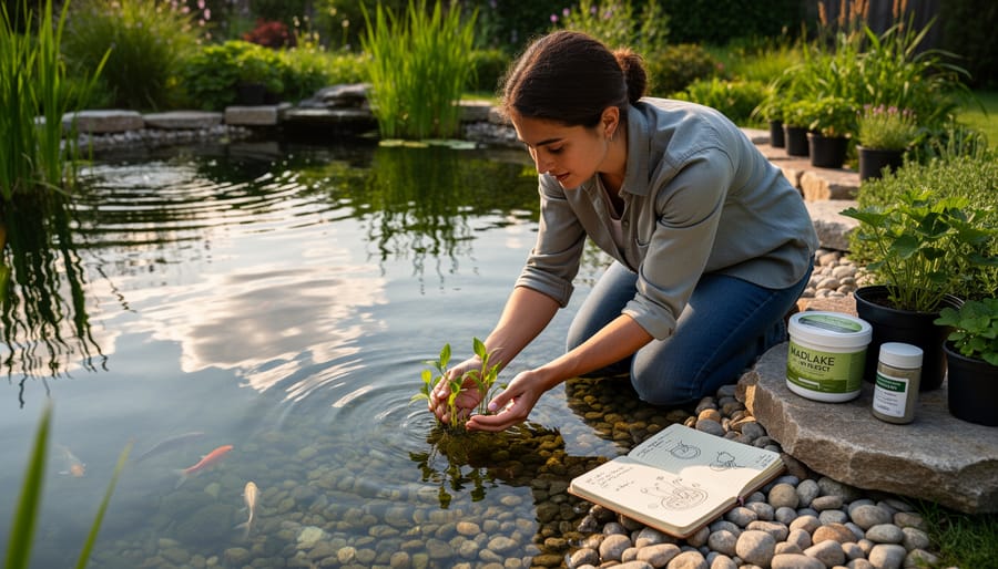 Person’s hands placing a water plant into a pond with small ripples spreading across the water