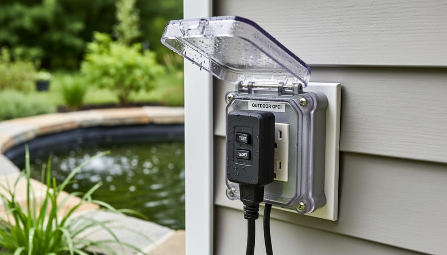 Outdoor-rated electrical setup with a GFCI outlet and weatherproof enclosure near a pool pump.