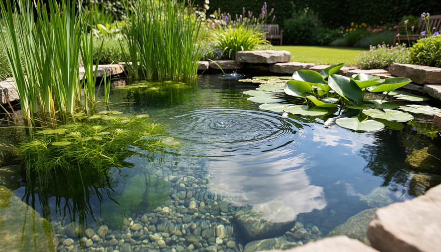 Clear backyard pond water with aquatic plants, koi fish, and a small fountain aerator