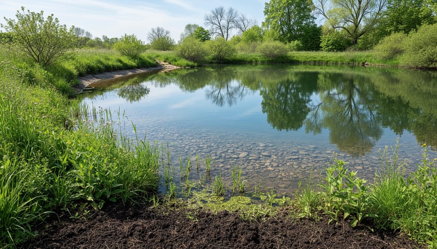 Healthy pond-edge plants growing in dark soil beside clear water at golden hour.