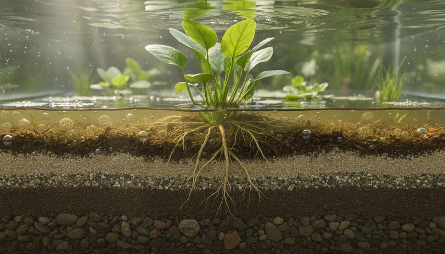 Close-up view of pond substrate with submerged plant roots and dark organic material