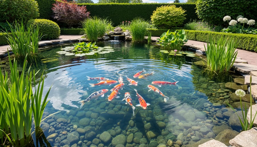 Healthy backyard water garden pond with clear water, koi fish silhouettes, and aquatic plants in daylight