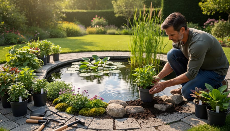 Person kneeling by a flora pond placing potted marginal aquatic plants into the planting shelves
