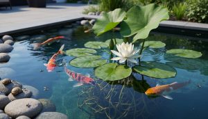Koi fish swimming in a clear pond with lily pads and water lily roots, with a snail on a nearby stone in a lush backyard water garden.