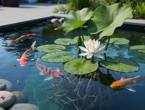Koi fish swimming in a clear pond with lily pads and water lily roots, with a snail on a nearby stone in a lush backyard water garden.
