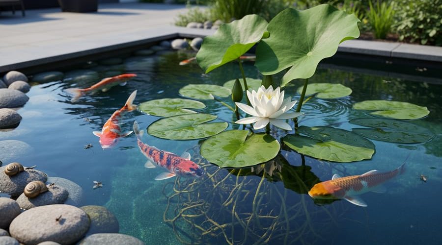 Koi fish swimming in a clear pond with lily pads and water lily roots, with a snail on a nearby stone in a lush backyard water garden.