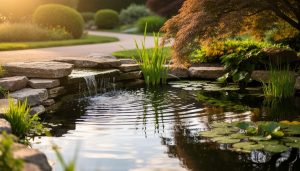 A landscaped pond with rippling water, a stone waterfall edge, aquatic plants, and a Japanese maple overhanging the shoreline in warm golden light.