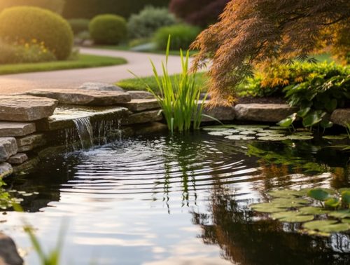 A landscaped pond with rippling water, a stone waterfall edge, aquatic plants, and a Japanese maple overhanging the shoreline in warm golden light.