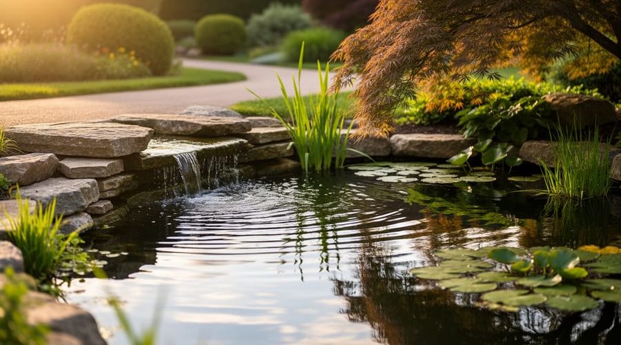 A landscaped pond with rippling water, a stone waterfall edge, aquatic plants, and a Japanese maple overhanging the shoreline in warm golden light.