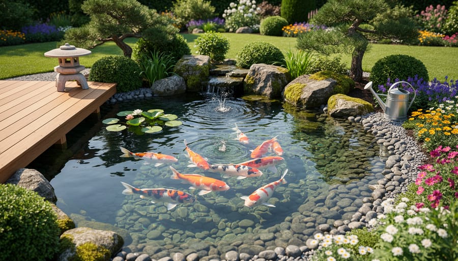 Close view of a Japanese-style koi pond with koi fish, stones, and water lilies.