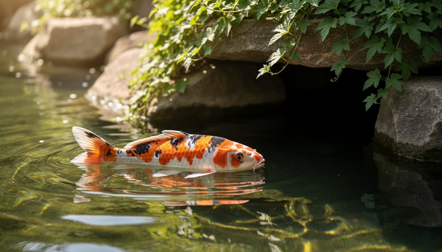 Koi fish near shaded edge of a backyard pond with floating plants and rippling water