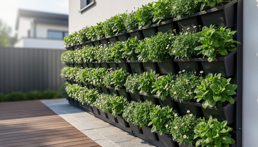 Modular residential green wall with plants in fabric pockets along a patio