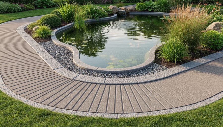 Close-up of textured non-slip pavers and rounded pond edging with a handrail near a viewing step.