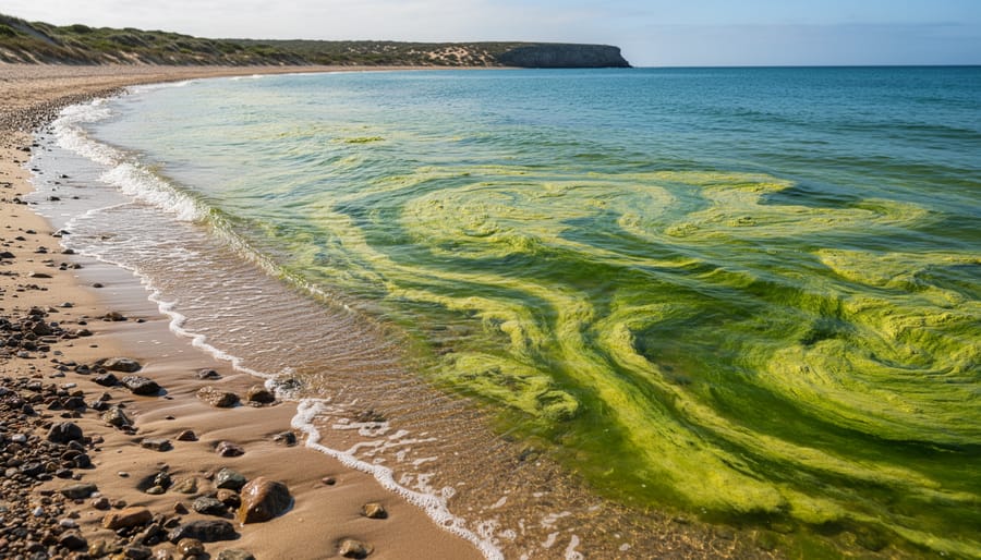 Shallow coastal water with greenish patches of algal bloom along the shoreline