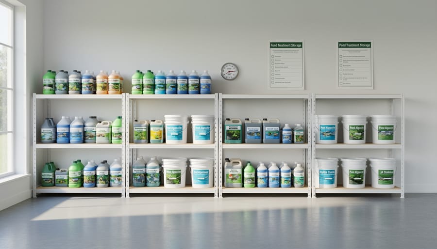 Neatly organized pond care storage cabinet with sealed treatment bottles and tidy supplies