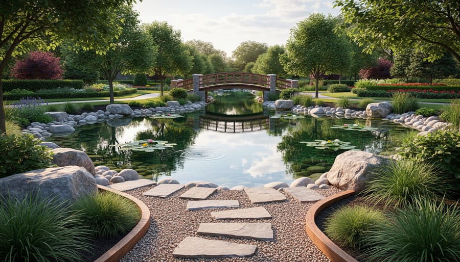 Backyard water garden showing natural stone edging, a level walkway, and an arched bridge over the pond.