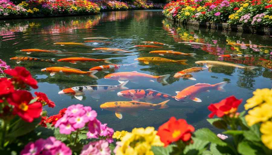 Koi fish and blooming water lilies creating seasonal color in a pond