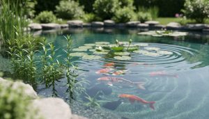 Clear backyard pond with lily pads and aquatic plants beneath the water surface, with koi fish visible in soft natural daylight.