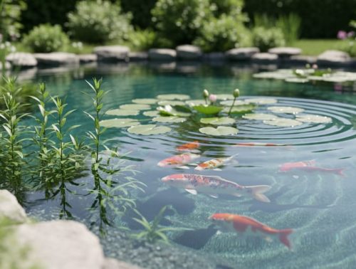 Clear backyard pond with lily pads and aquatic plants beneath the water surface, with koi fish visible in soft natural daylight.