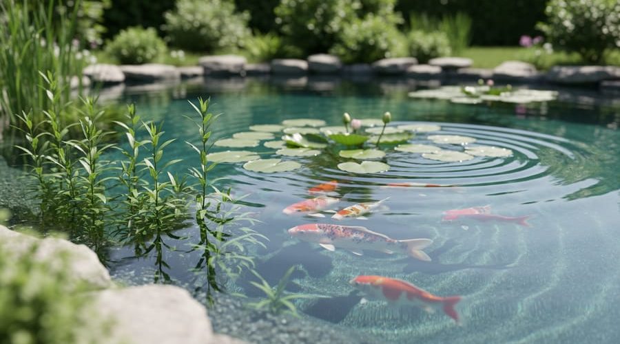 Clear backyard pond with lily pads and aquatic plants beneath the water surface, with koi fish visible in soft natural daylight.
