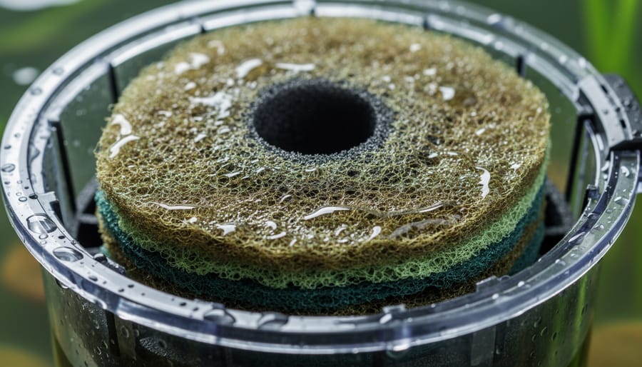 Close-up of pond filter media showing a thin translucent biofilm slime layer