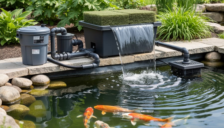Backyard pond showing pump intake, pre-filter unit, and return water flowing back into the pond