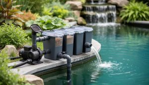 Wide photo of a pond filtration system showing pump, multi-chamber filter housing, and return pipe feeding clean water back into a koi pond.