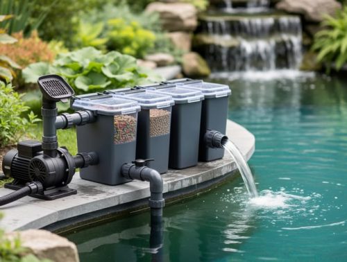 Wide photo of a pond filtration system showing pump, multi-chamber filter housing, and return pipe feeding clean water back into a koi pond.